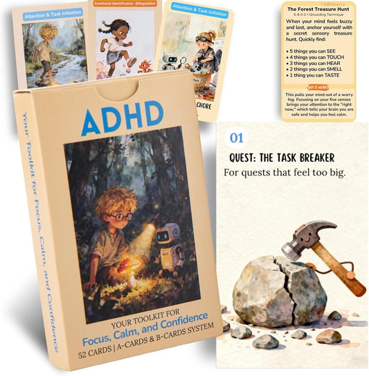 ADHD Skill Cards for Kids & Parents - 52 Guided Therapy Cards for Emotional Regulation, Focus & Social Skills - Pocket-Sized Behavior Management Tool with A/B System, Ages 6-12, Home School Therapy