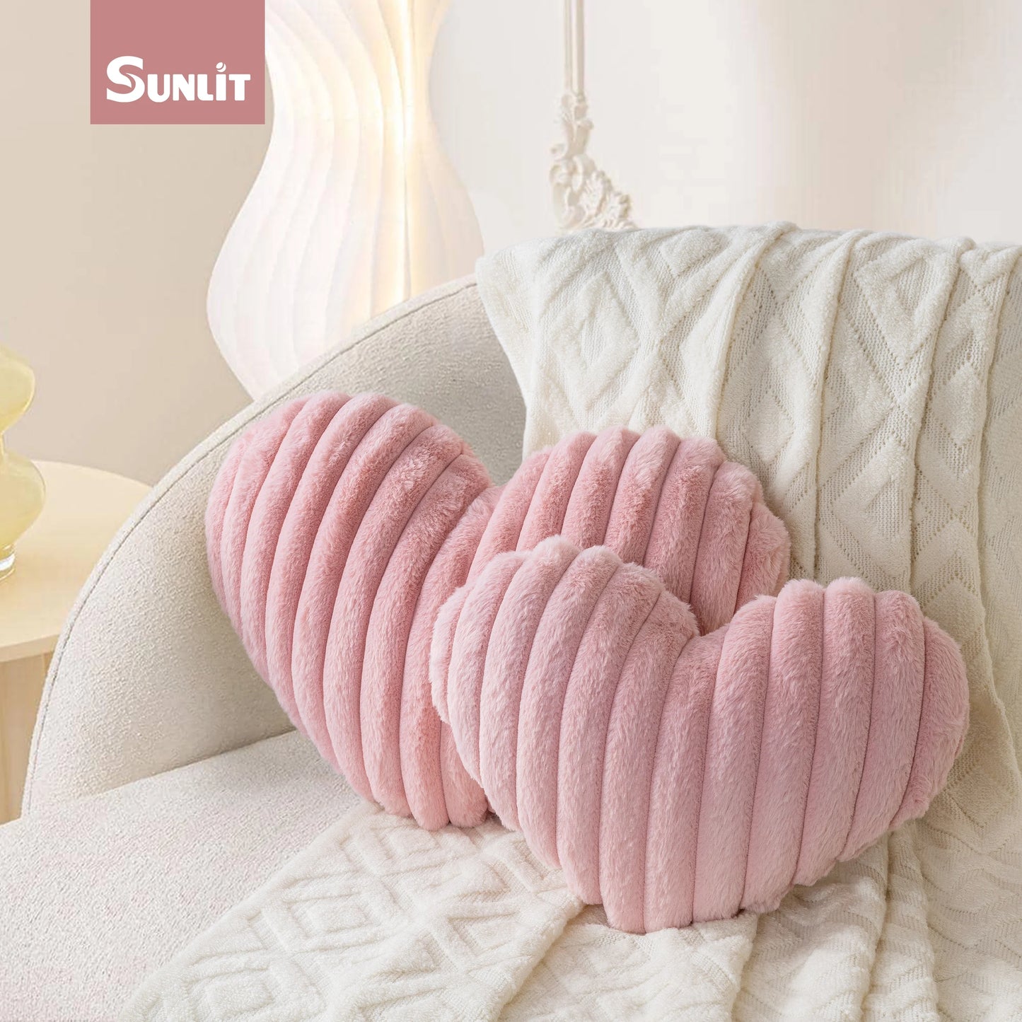 Heart Shaped Pillow, Set of 2, Heart Decorative Throw Pillows, Faux Fur Love Pillows Cute Pillow 20 & 16 Inches, Valentines Day Decorations, Wedding Decor, Pastel Pink