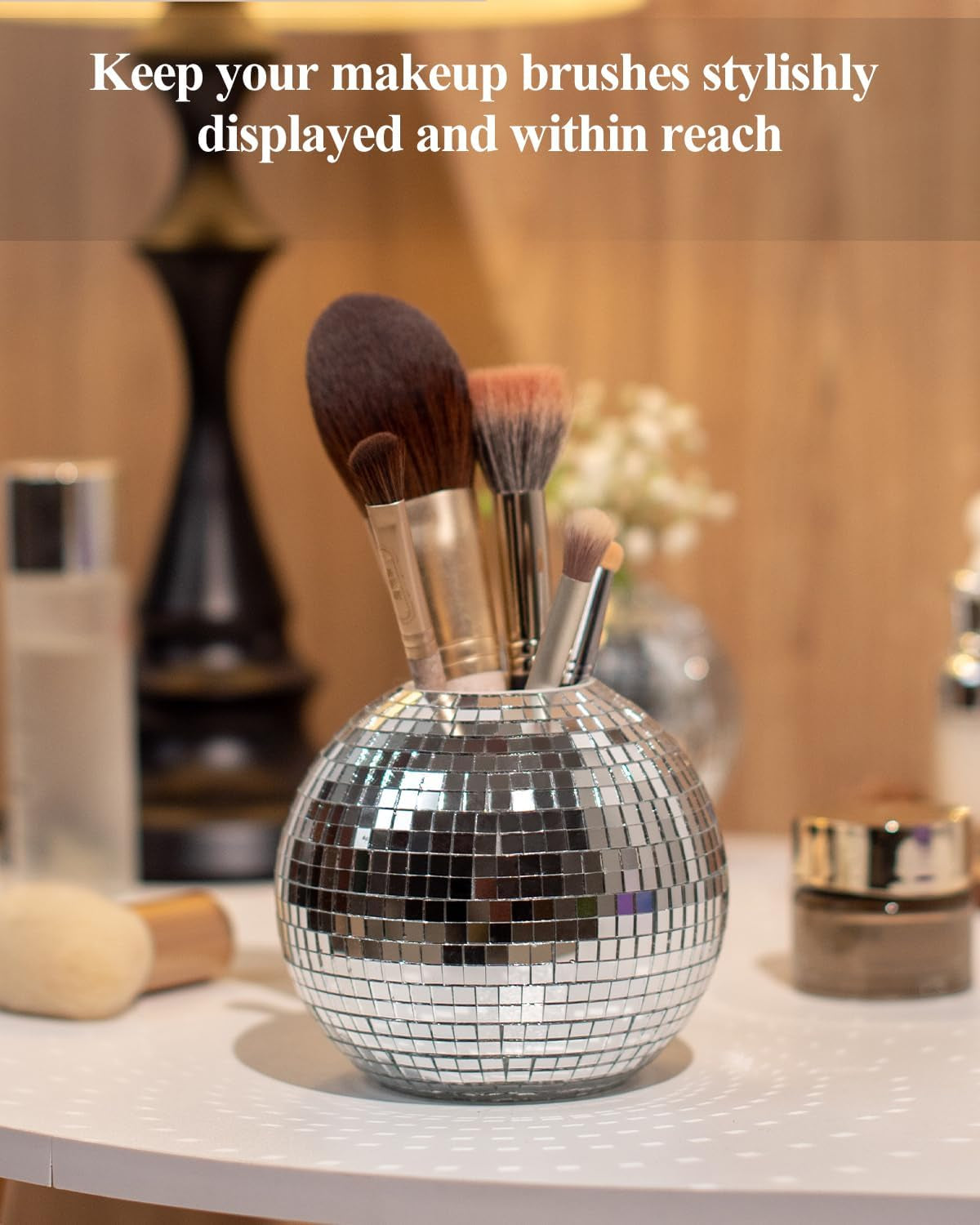 Disco Ball Pencil Holder for Desk - Pen & Makeup Brush Organizer with Silver Sequins, Disco Accessories Decor for Office, Home, or Bedroom - 4 In