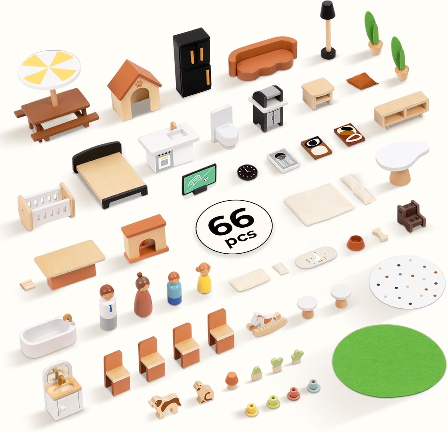 Wooden Dollhouse, Modern Doll House with 66Pcs Luxurious Furniture Accessories, Including Dolls and Pet Sets, Wood Dollhouse Toy for Boys and Girls 3+
