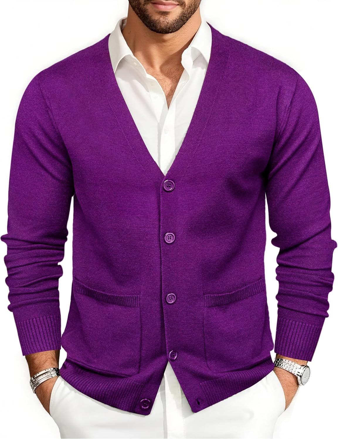 Mens Cardigan Sweater Long Sleeve Casual V Neck Solid Knitwear Cardigans with Pockets Business Weekend
