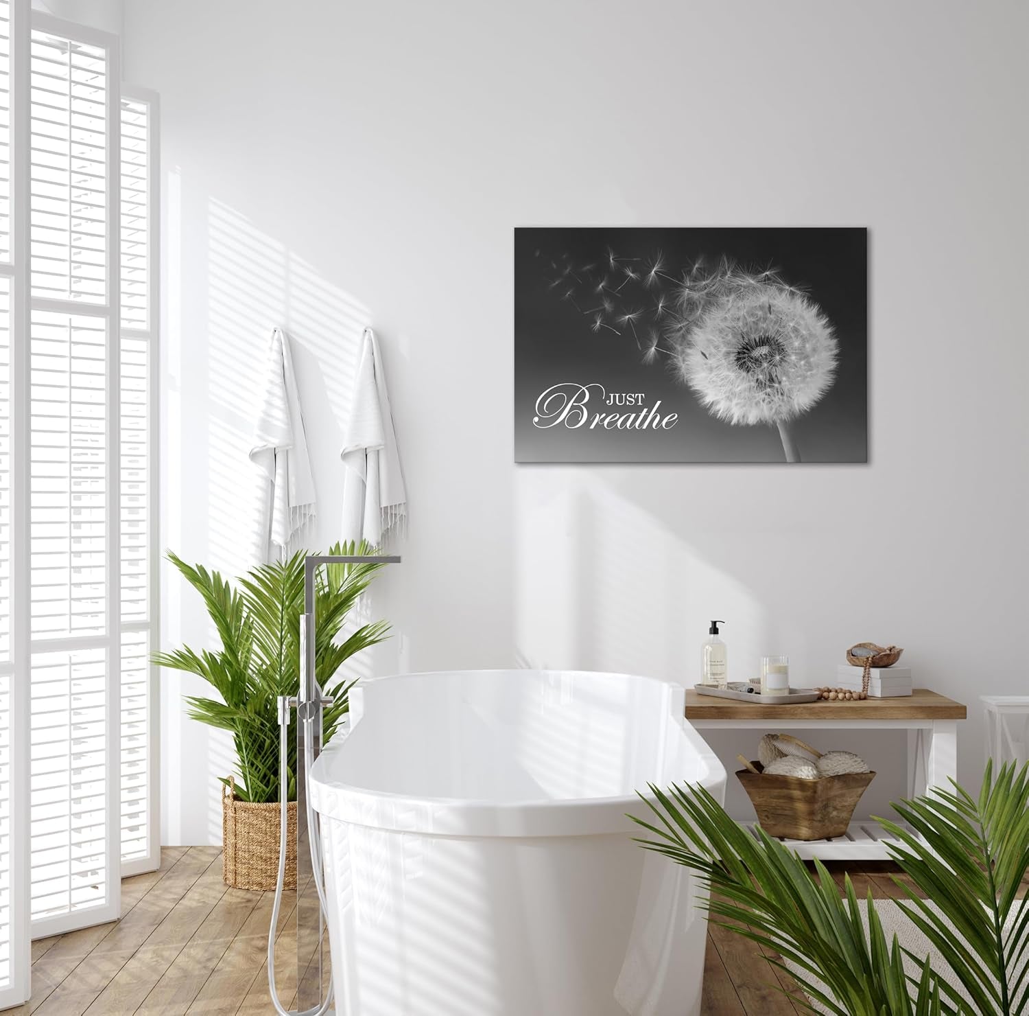 Just Breathe Wall Art Zen Office Wall Decor Inspirational Yoga Quotes Positive Relax Artwork Picture Black and White Dandelion Posters Print for Meditation Room (12L X 16W)