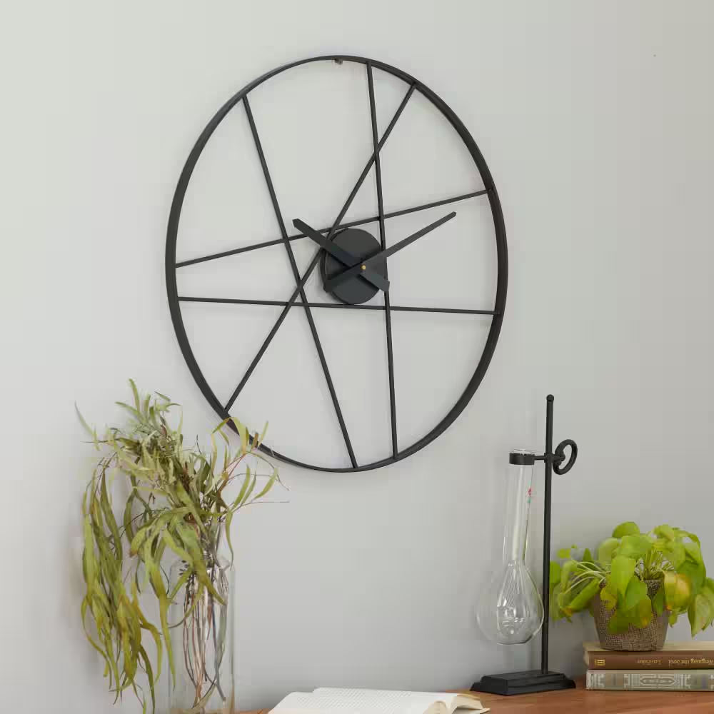 Black Metal Open Frame round Analog Wall Clock