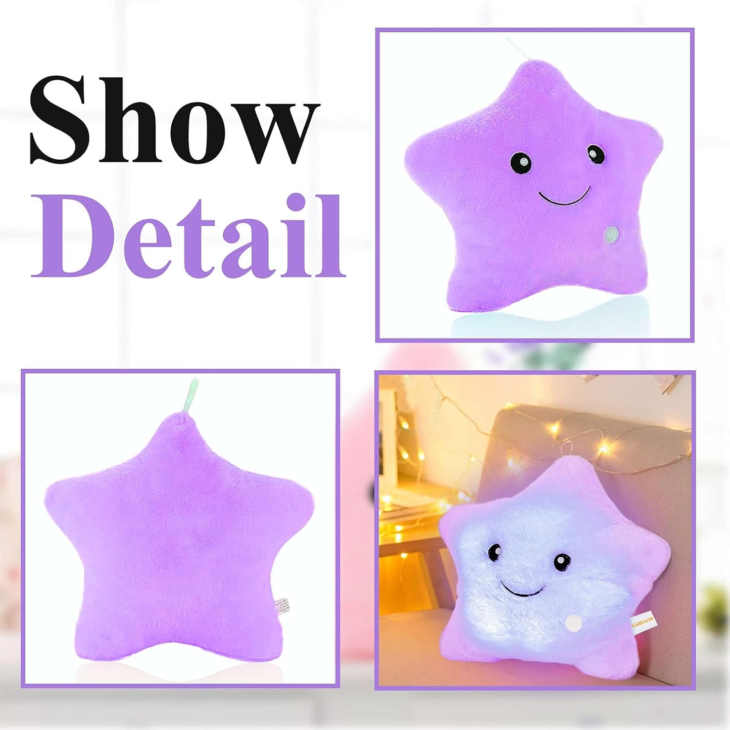 Kids Decorative Pillow,Cute Star LED Light up Pillow Gift for Girls Women Birthday Unique Throw Pillows Bedroom Couch Office Lumbar Back Cushion Purple Plush Pillow Stuffed Toy