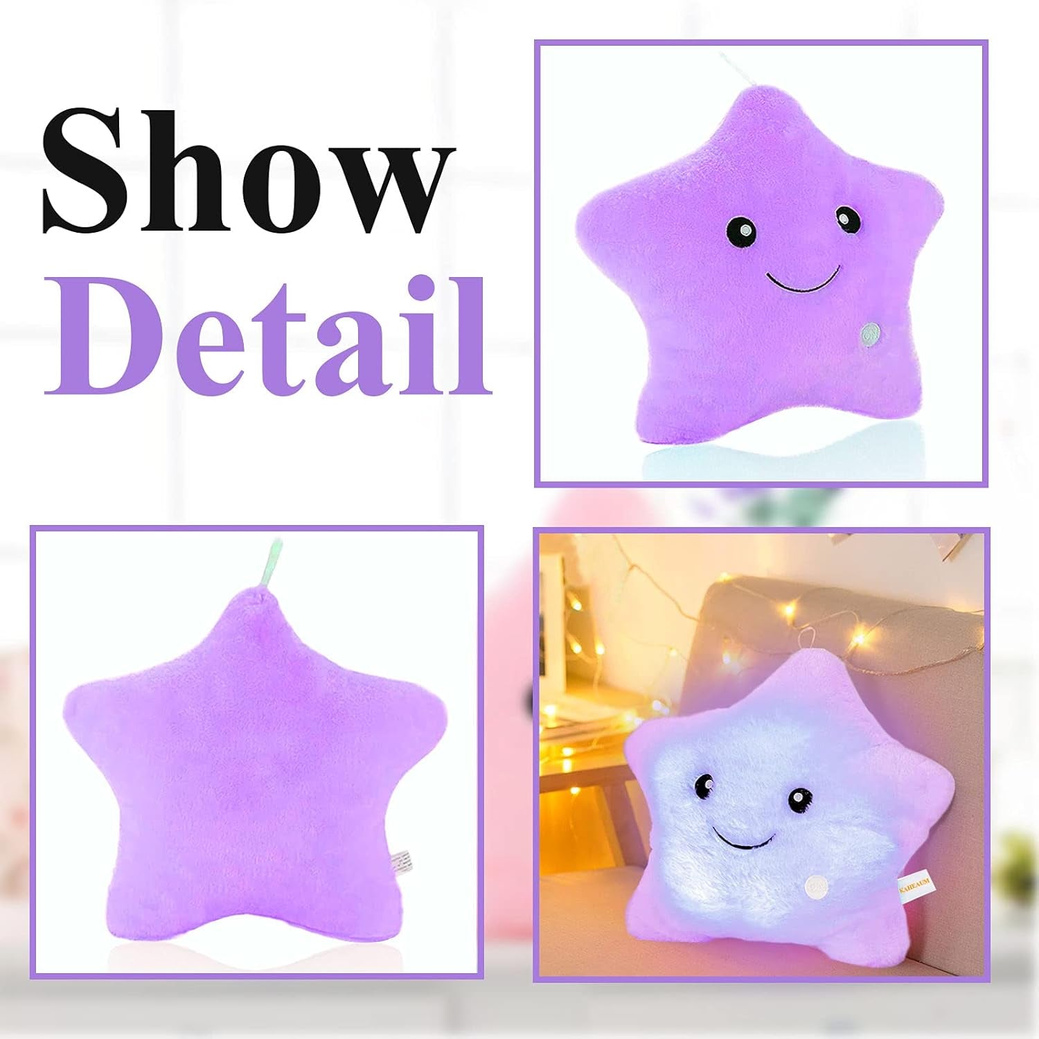 Kids Decorative Pillow,Cute Star LED Light up Pillow Gift for Girls Women Birthday Unique Throw Pillows Bedroom Couch Office Lumbar Back Cushion Purple Plush Pillow Stuffed Toy