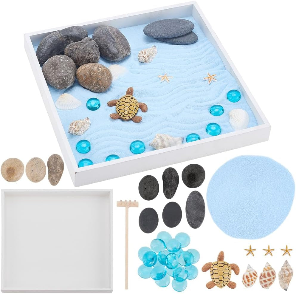 Sea Turtle Zen Garden Kit for Desk Japanese Garden Kit,Mini Desktop Zen Decor with Wooden Tray,Sand,Tools for Home Office Relaxation Meditation Gift,Square(7.9X7.9/20X20Cm)