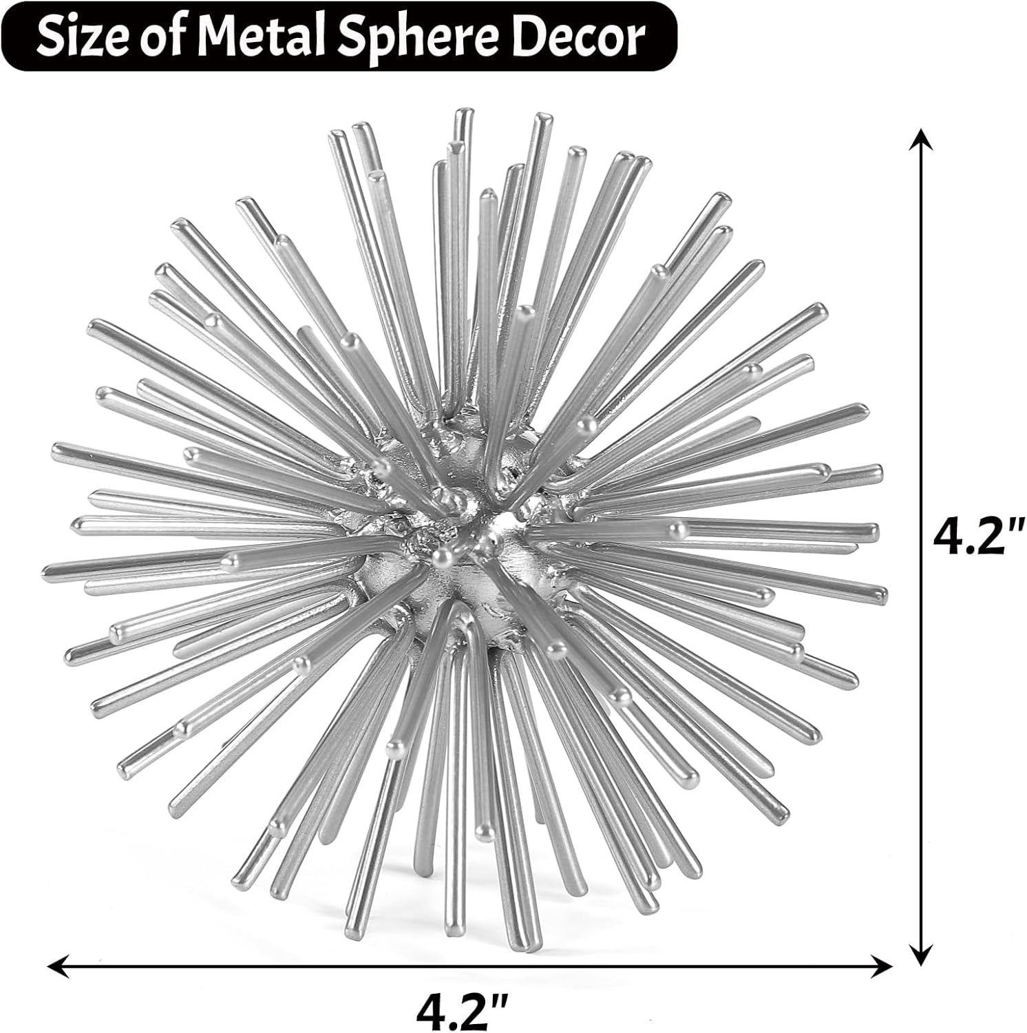 Silver Sphere Decor, Metal Starburst Tabletop Sculpture Decor, Mid-Century Modern Metal Starburst Centerpiece, Spike Ball Decoration for Home, Coffee Table Decor