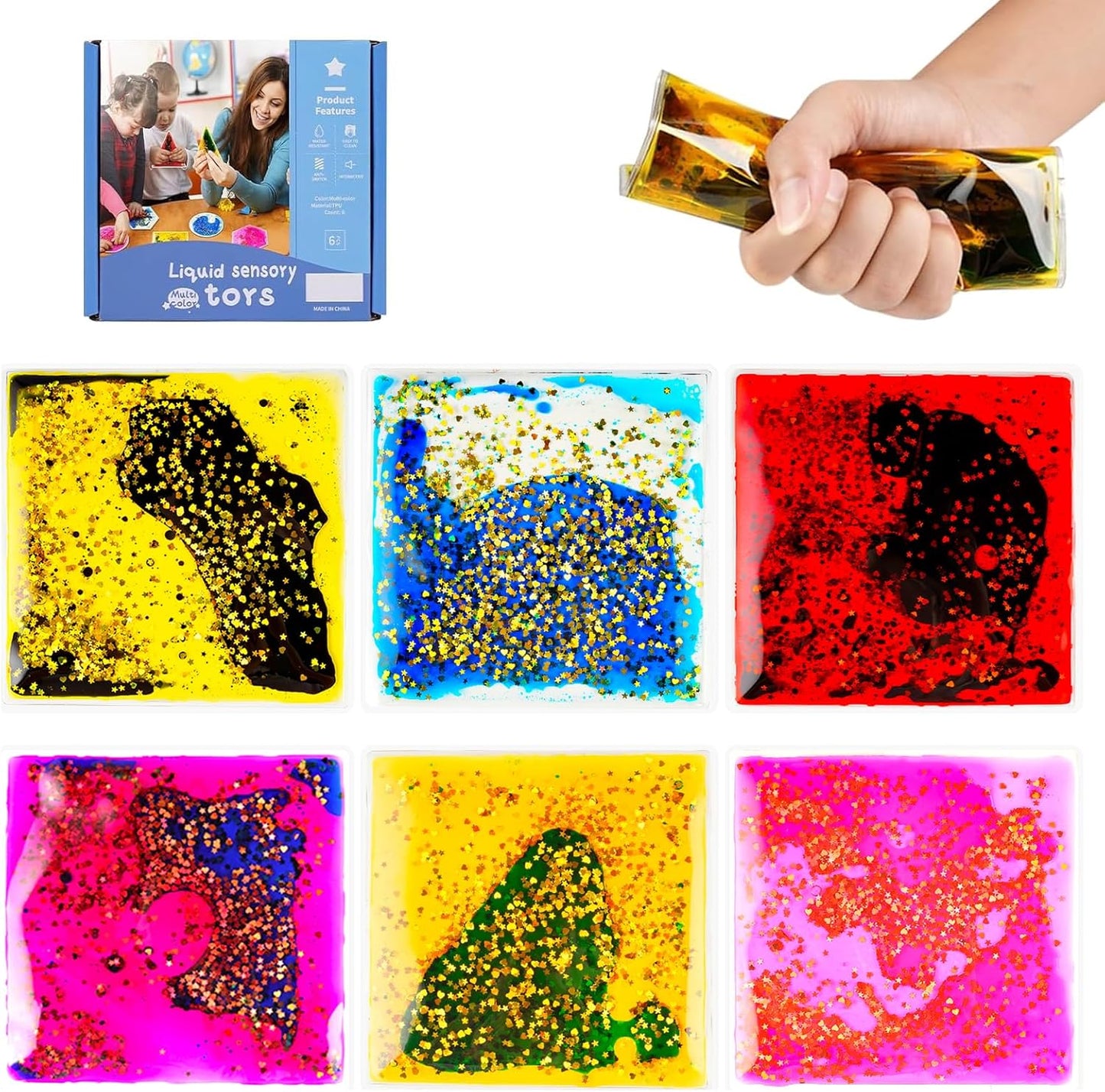 Sensory Soft Gel Liquid Toys - Hexagon Sensory Motion Fidget for Autism Kids, Stress Relief & Focus, Home School Therapy Travel Toys (6 Pack)