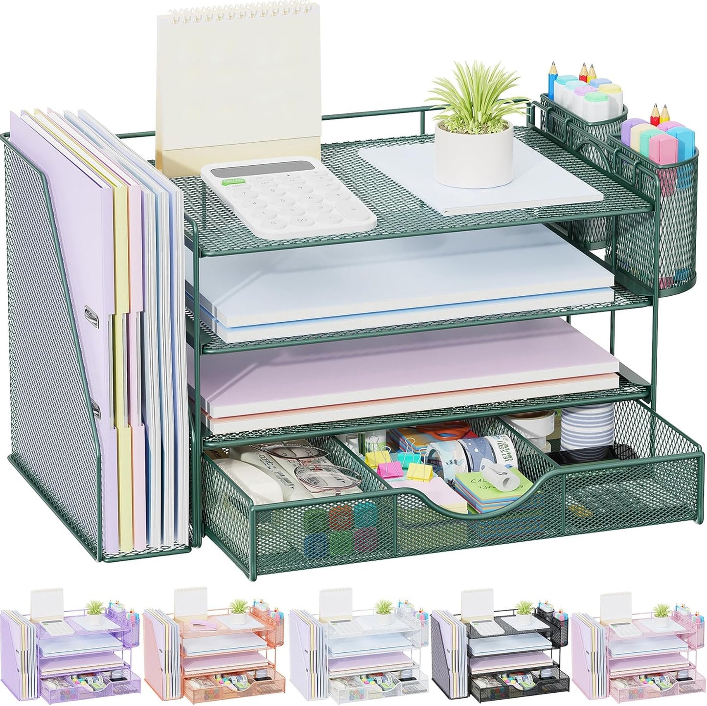 Desk Organizers and Accessories with File Holder, 4-Tier Desk Accessories & Workspace Organizers with Drawer and 2 Pen Holder, Paper Organizer for Office Supplies (Rose Gold)