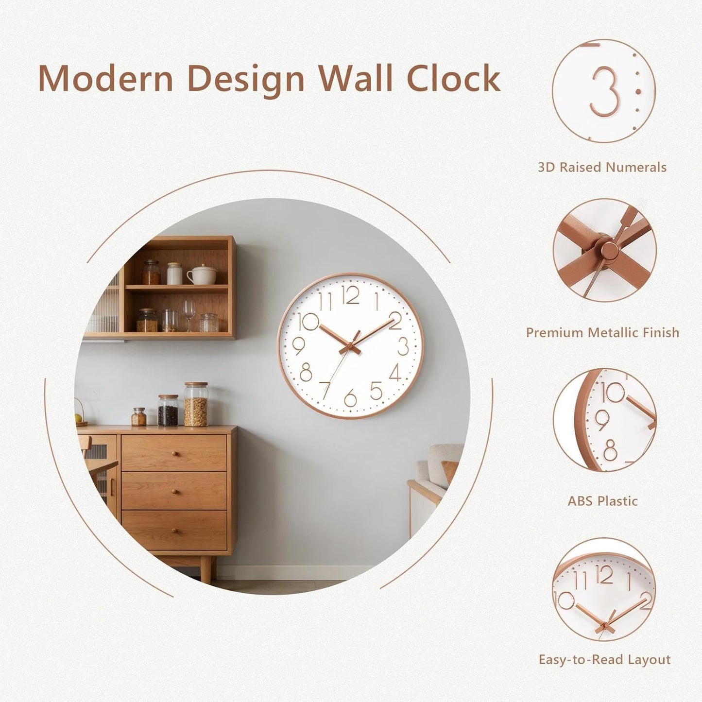 Wall Clock - 8 Inch Silent Non-Ticking Modern 3D Wall Clocks Battery Operated - Decorative Clock for Kitchen, Home Office, Bathroom, Bedroom(Rose Gold)