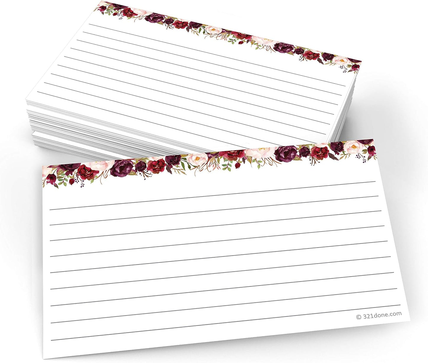 Ruled Note Cards, Floral 4X6 Thick Index Cards - Plain White Card Stock, Notecards & Stationery with Lines for Writing, Stamping - Made in USA, Set of 50 - No Envelopes