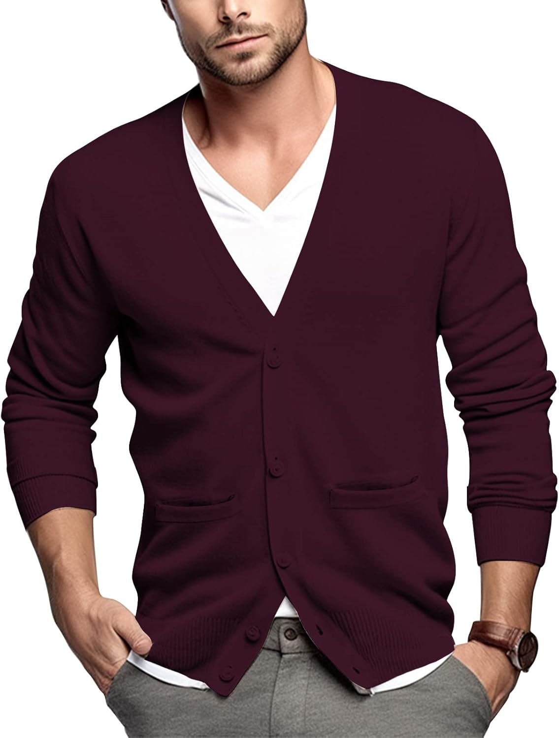 Men'S Cardigan 100% Cotton Sweater V-Neck Button down Knitted Outerwear with Pockets Fashion 2026