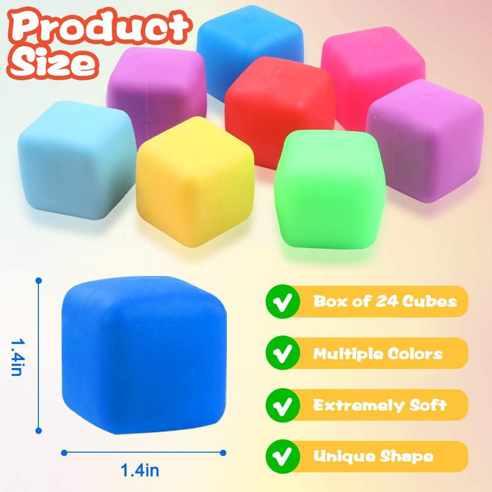 24 Pcs Stress Cube Toys 8 Colors Slow Rising Stress Balls for Kids Classroom Prizes Goodie Bags Squeeze Stretch Fidget Balls for Party Favors Adults Stress Relief