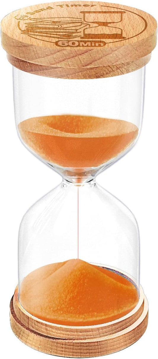 60 Minute Wooden Sand Timer, Hourglass Orange Small Sand Clock Reloj De Arena for Desk Decor Kitchen Classroom Office Study Home Decoration