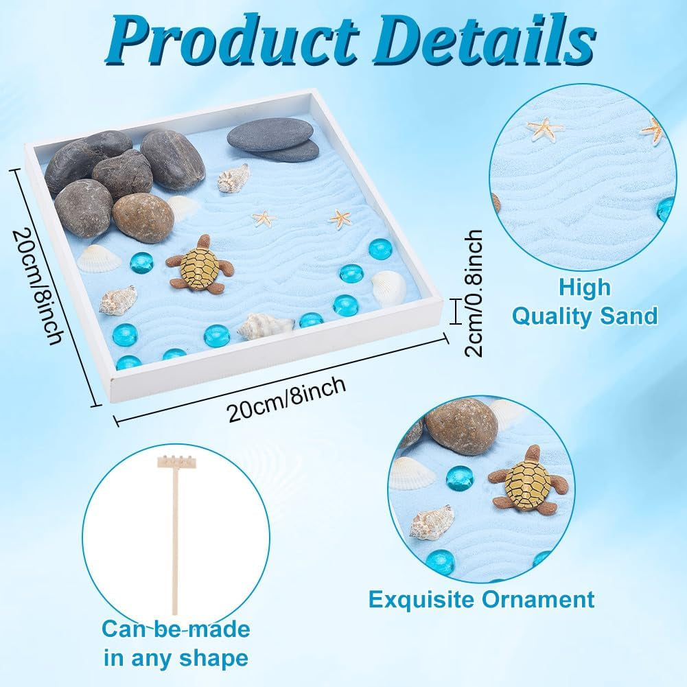 Sea Turtle Zen Garden Kit for Desk Japanese Garden Kit,Mini Desktop Zen Decor with Wooden Tray,Sand,Tools for Home Office Relaxation Meditation Gift,Square(7.9X7.9/20X20Cm)