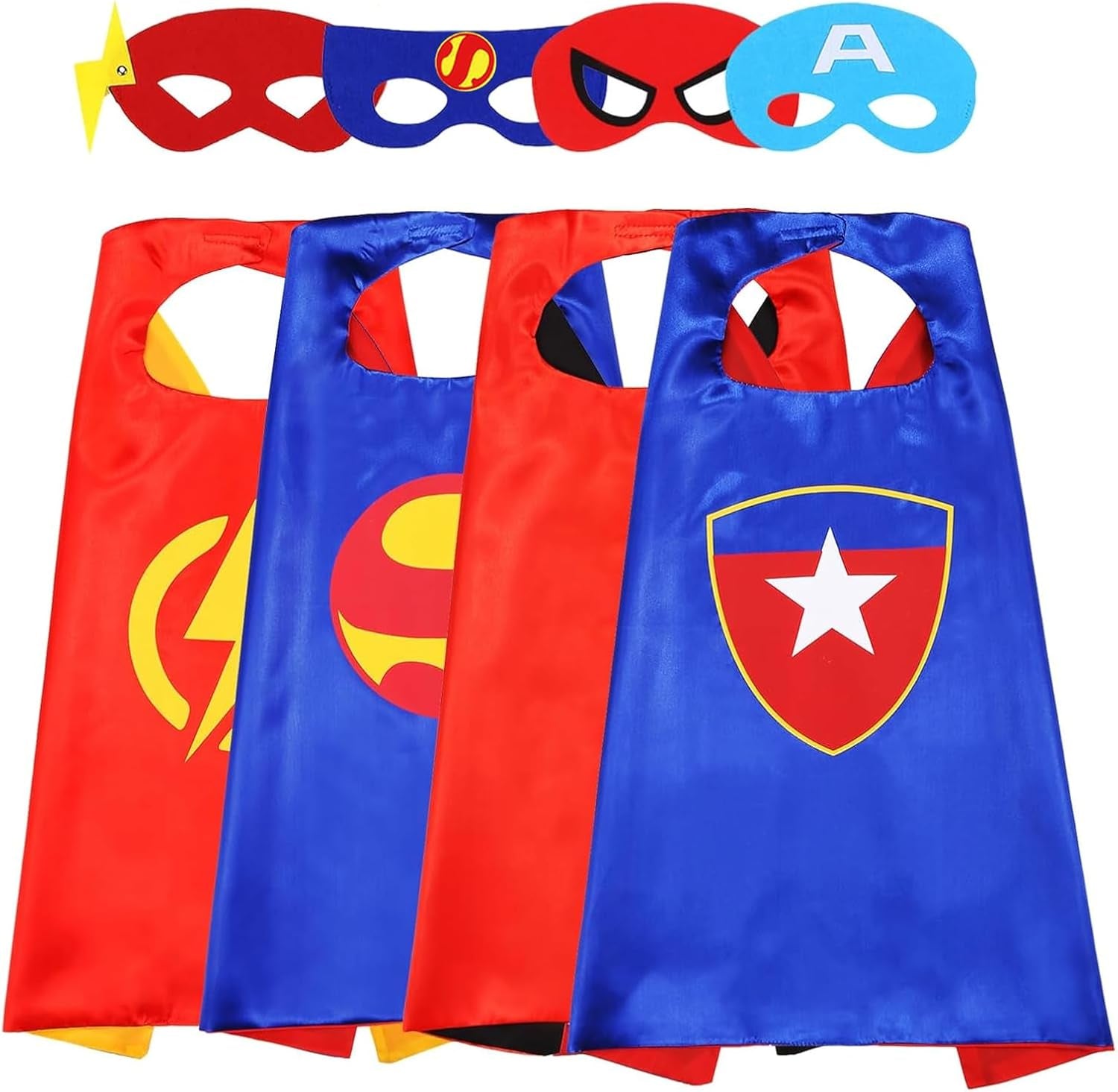 Kids Superhero Capes Satin Cosplay Cape Dress up Cloak for Boys Girls Birthday Halloween Party Supplies(4 Pack)
