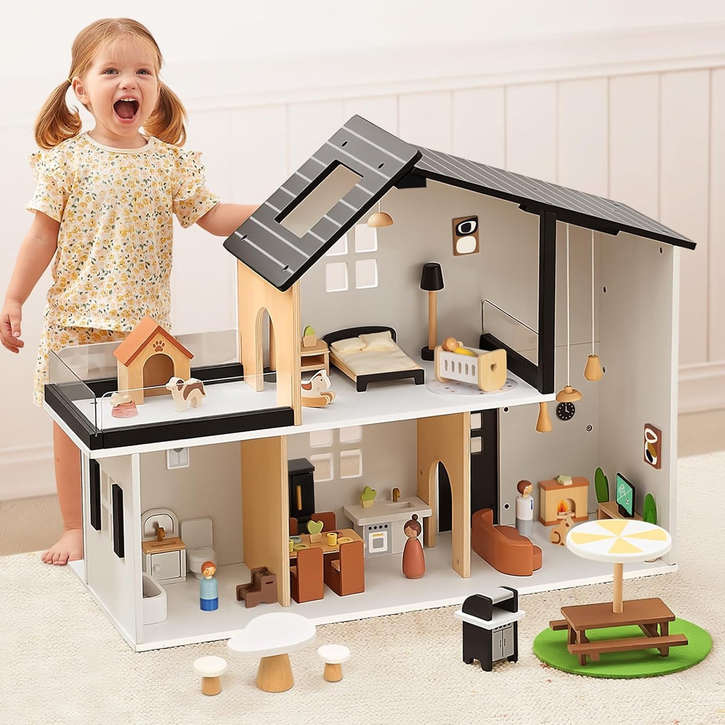 Wooden Dollhouse, Modern Doll House with 66Pcs Luxurious Furniture Accessories, Including Dolls and Pet Sets, Wood Dollhouse Toy for Boys and Girls 3+