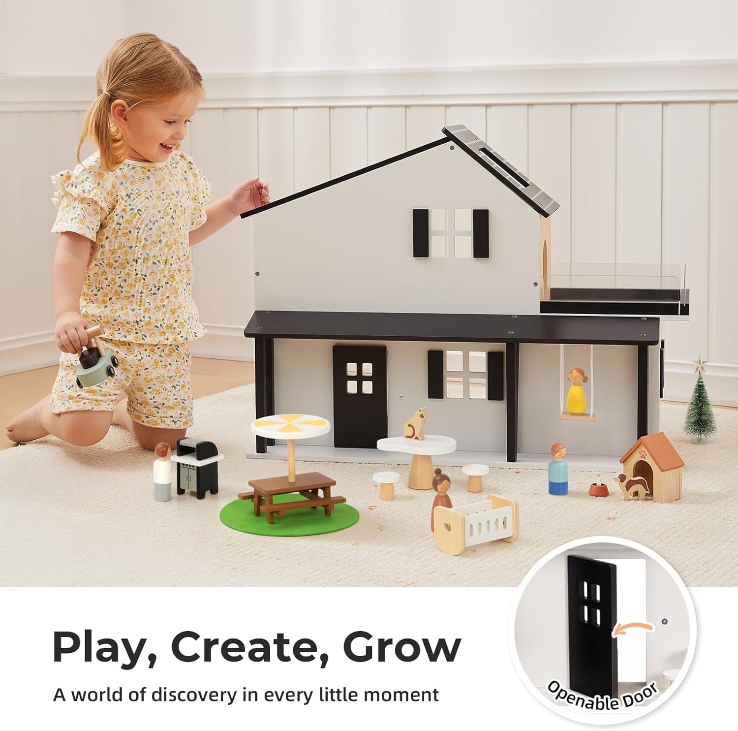 Wooden Dollhouse, Modern Doll House with 66Pcs Luxurious Furniture Accessories, Including Dolls and Pet Sets, Wood Dollhouse Toy for Boys and Girls 3+