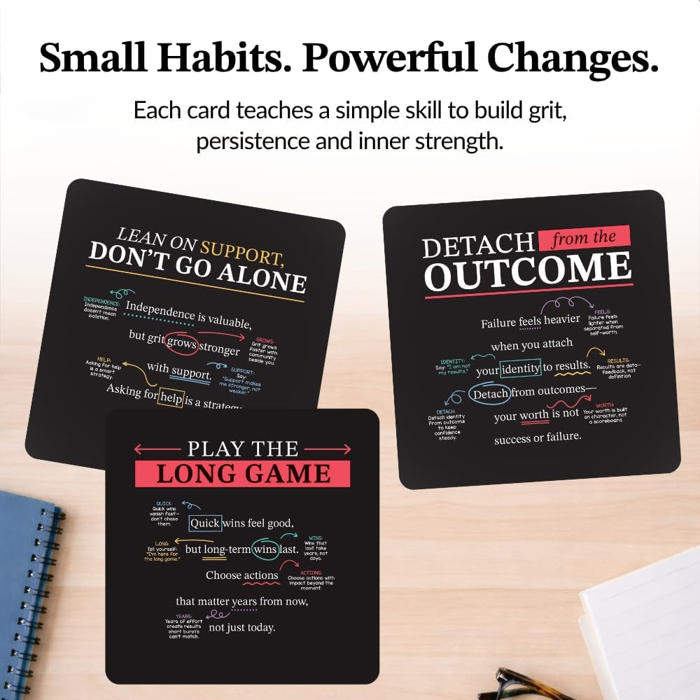 Grit Mindset Cards – 52 Daily Habits for Persistence, Resilience & Confidence – Motivational Mindset Cards for Kids, Teens & Adults – Includes Wooden Display Stand – Gift for Teachers & Coaches