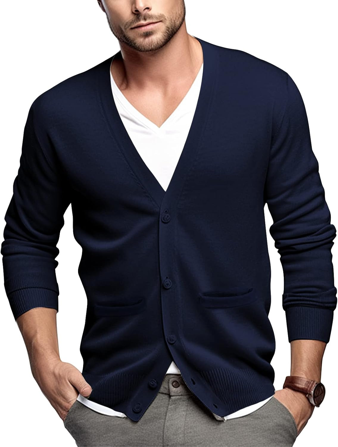 Men'S Cardigan 100% Cotton Sweater V-Neck Button down Knitted Outerwear with Pockets Fashion 2026
