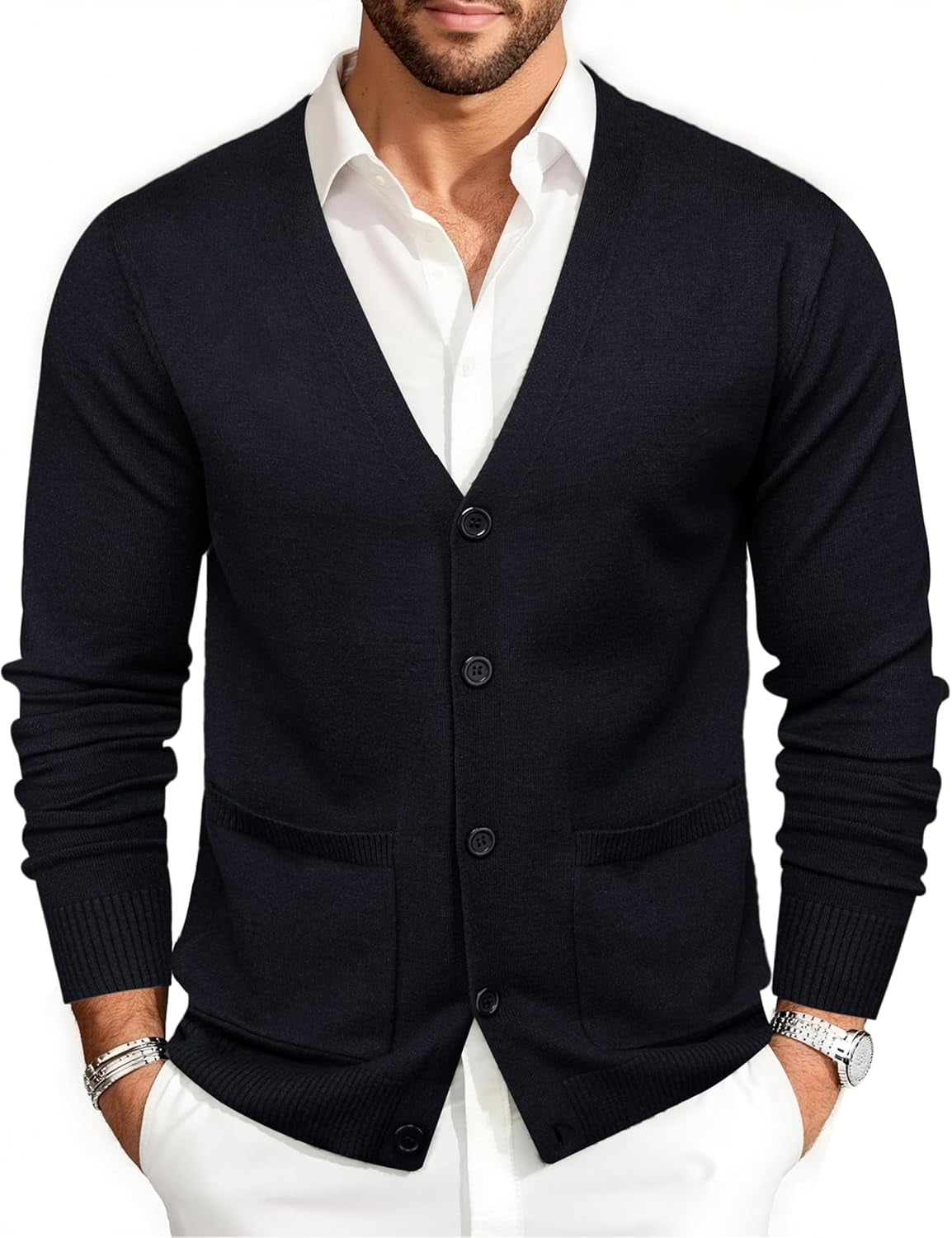 Mens Cardigan Sweater Long Sleeve Casual V Neck Solid Knitwear Cardigans with Pockets Business Weekend