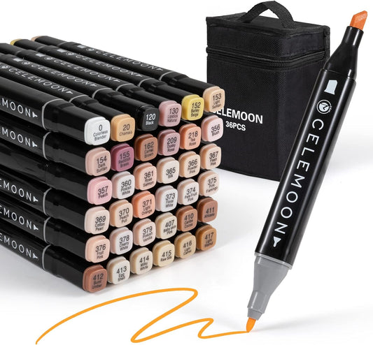 36 Skin Tone Alcohol Markers - Dual Tip (Fine & Broad Chisel) Permanent Art Pens for Portrait Illustration, Mid-Tone Skin & Hair Shades - Flesh Color for Coloring, Drawing & Sketching