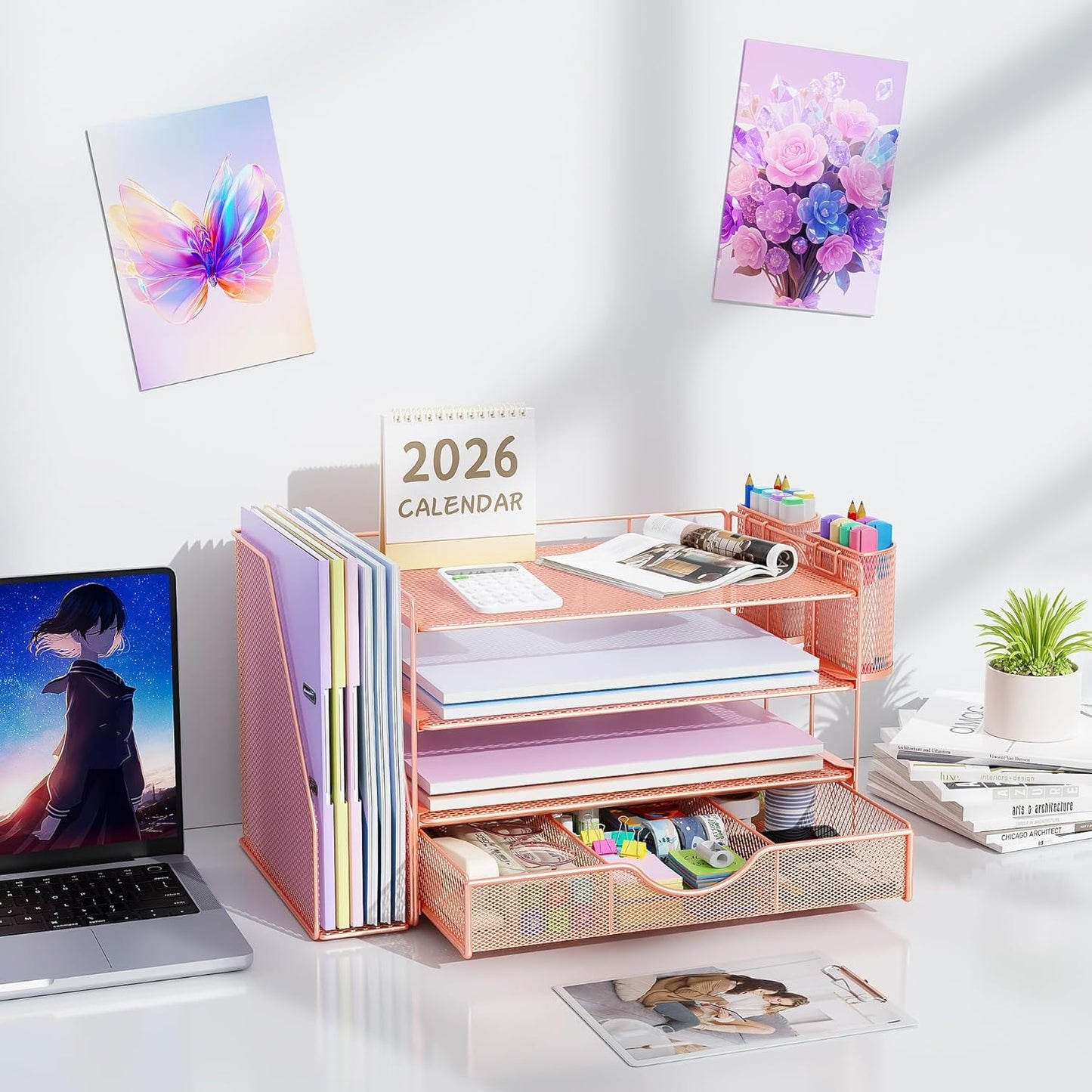 Desk Organizers and Accessories with File Holder, 4-Tier Desk Accessories & Workspace Organizers with Drawer and 2 Pen Holder, Paper Organizer for Office Supplies (Rose Gold)