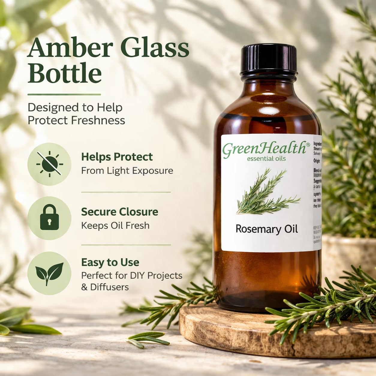 Rosemary Essential Oil – 4 Fl Oz Amber Glass Bottle with 3 Free Droppers