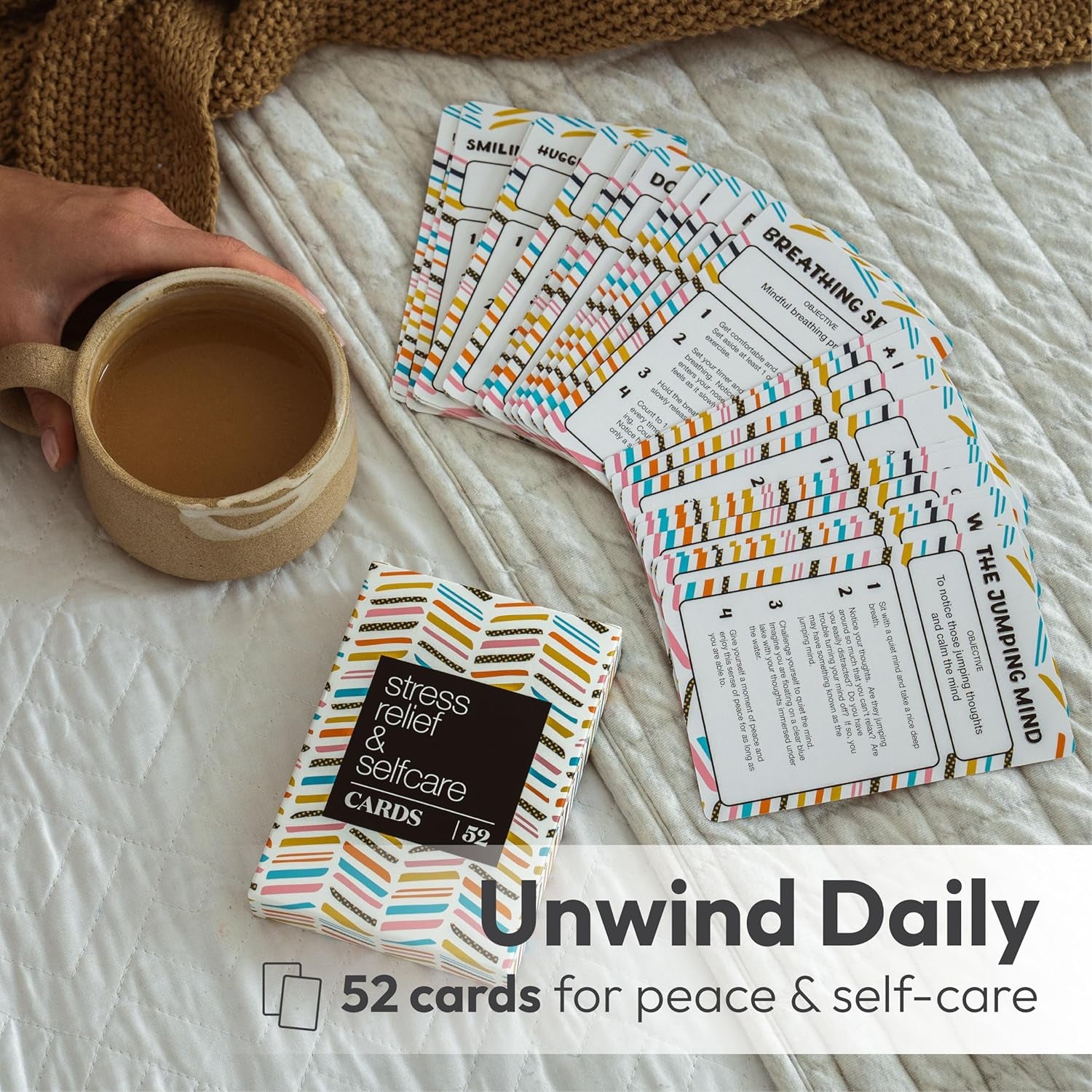 52 Stress Less & Self Care Cards - Mindfulness & Meditation Exercises - Anxiety Relief & Relaxation