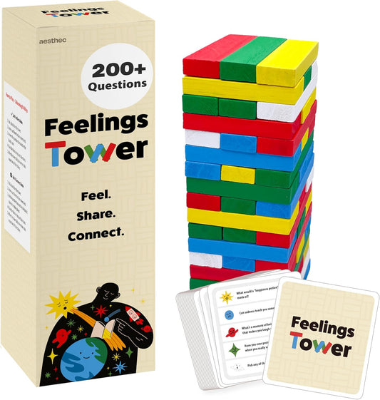 Feelings Tower Therapy Game for Kids & Teens – Emotion Regulation Stacking Blocks with Conversation Cards, 208 CBT Questions for Therapeutic Learning, Educational Play, Connection and Social Skills