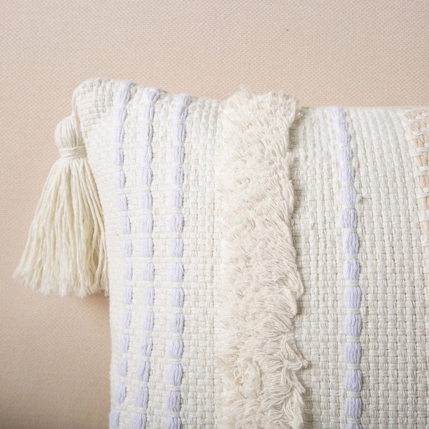 Printed Boho Woven Tufted with Tassel Series Decorative Throw Pillow, 18" X 18", White, 1 Pack