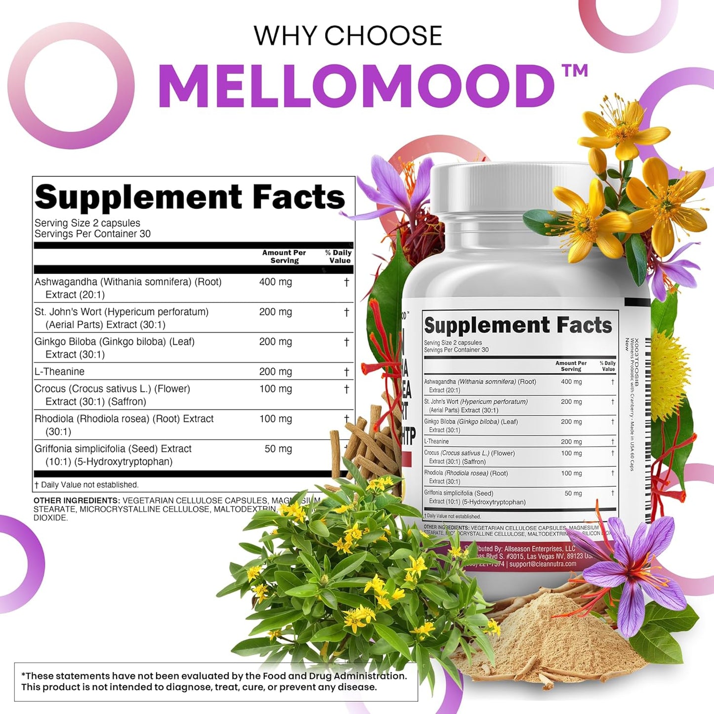 Saffron Supplements Extract 100Mg + Ashwagandha L-Theanine 200Mg - Mood Support Ginkgo Biloba, St. John'S Wort, Rhodiola Rosea & 5-HTP Capsules Pills Men Women