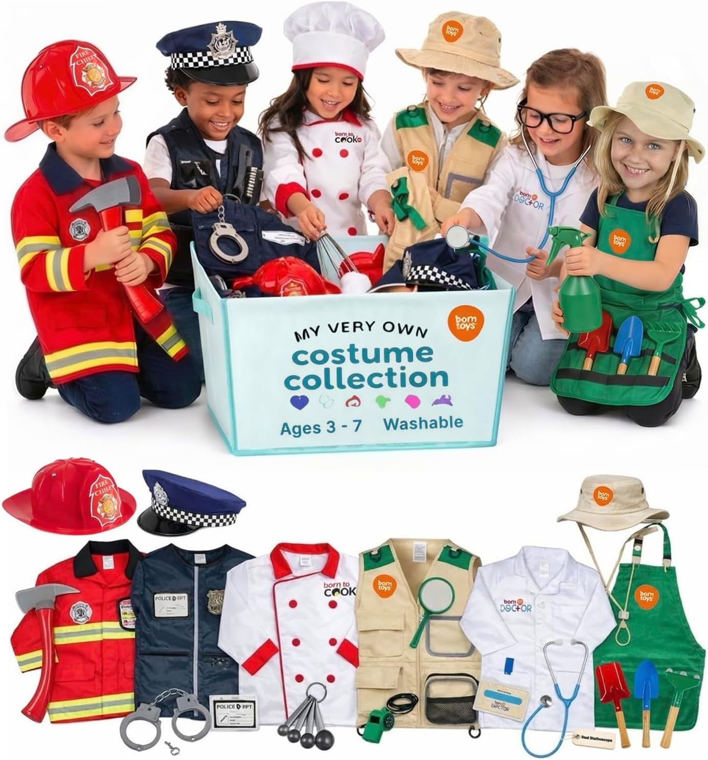 6-In-1 Toddler Dress up Clothes for Boys & Girls Ages 3-7, Police, Firefighter, Doctor, Chef, Gardener & Explorer with Storage Box, Washable Pretend Play Costumes for Kids, Gift Ready Set