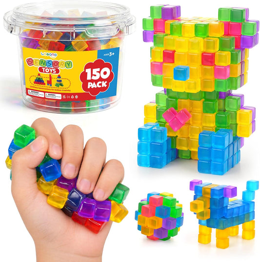 Mini Sticky Stacking Cubes for Kids: 150 PCS Washable Sensory Building Toy, Soft Squishy 0.39 Inch Cubes with Storage Box, Balanced Stickiness for 2D & 3D Building, Translucent Travel Toy