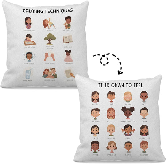 Mental Health Calming Techniques It Is Okay to Feel Reversible Throw Pillow Case 18″×18″,Cute Cartoon Faces Emotions Decorative Pillowcase for Therapy Office Consulting Room,Gifts for Teens Girls