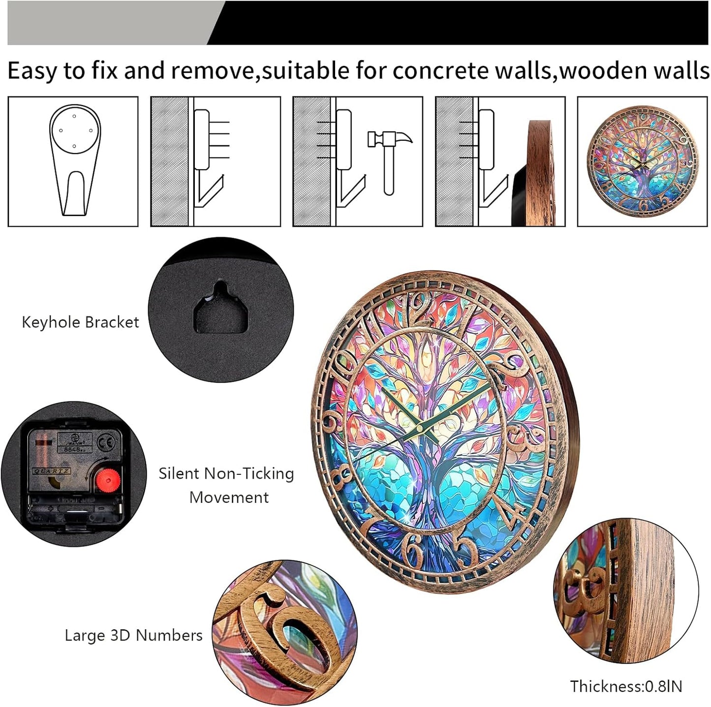 Tree of Life Wall Clock 12Inch Silent Movement Non-Ticking Clock Precise Timekeeping Wall Clock Suitable for Living Rooms Bedrooms Offices Ideal for Home Decor Gifts Antique Copper