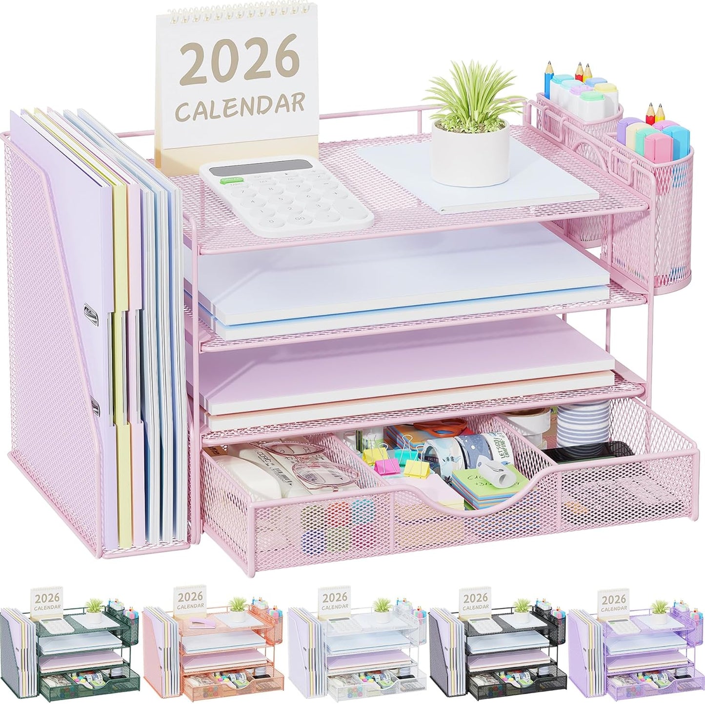 Desk Organizers and Accessories with File Holder, 4-Tier Desk Accessories & Workspace Organizers with Drawer and 2 Pen Holder, Paper Organizer for Office Supplies (Rose Gold)