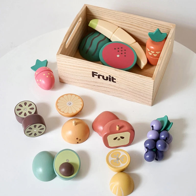 Children Play House Kitchen Games Simulation Wooden Boxed Fruit Cut Pretend to Play Magnetic Cookies Baking Girls Toys Set Gifts