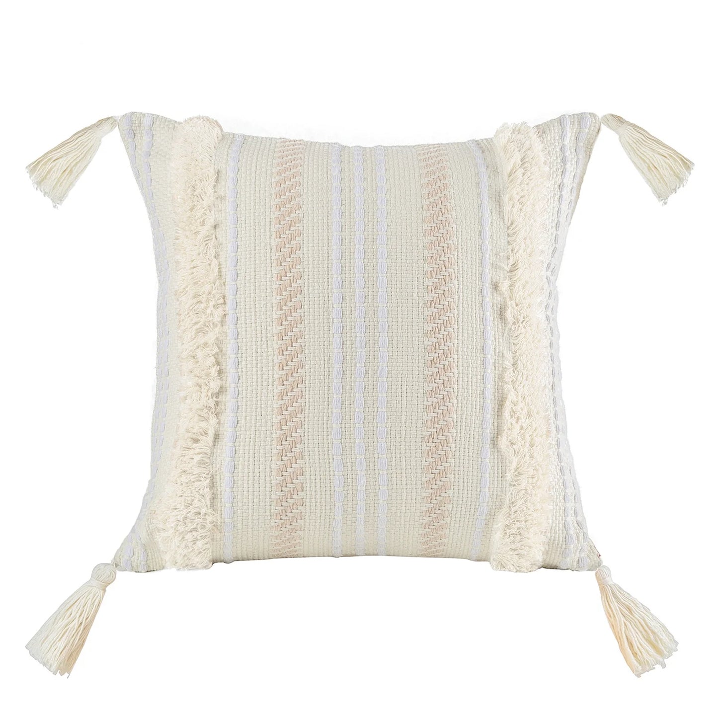 Printed Boho Woven Tufted with Tassel Series Decorative Throw Pillow, 18" X 18", White, 1 Pack