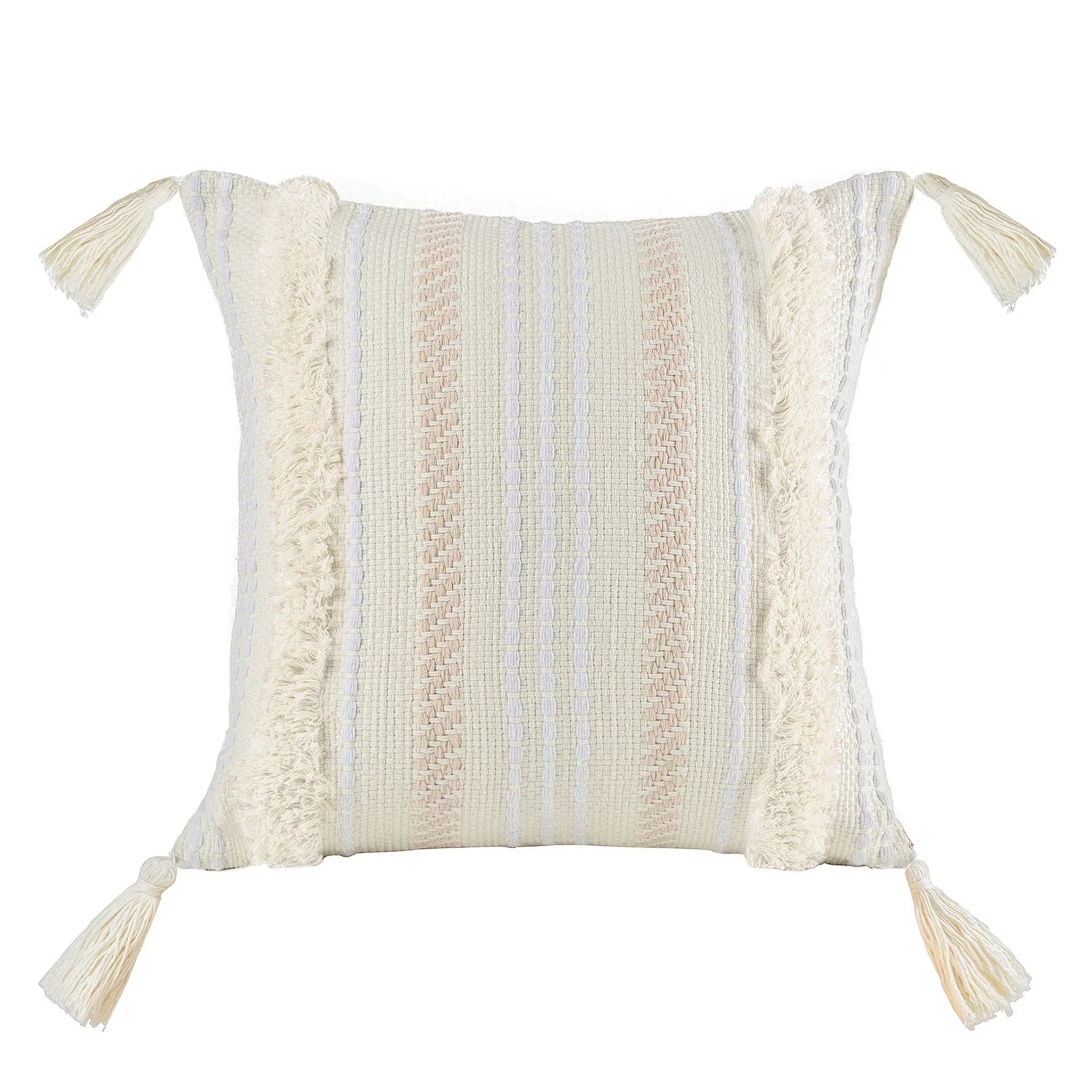 Printed Boho Woven Tufted with Tassel Series Decorative Throw Pillow, 18" X 18", White, 1 Pack