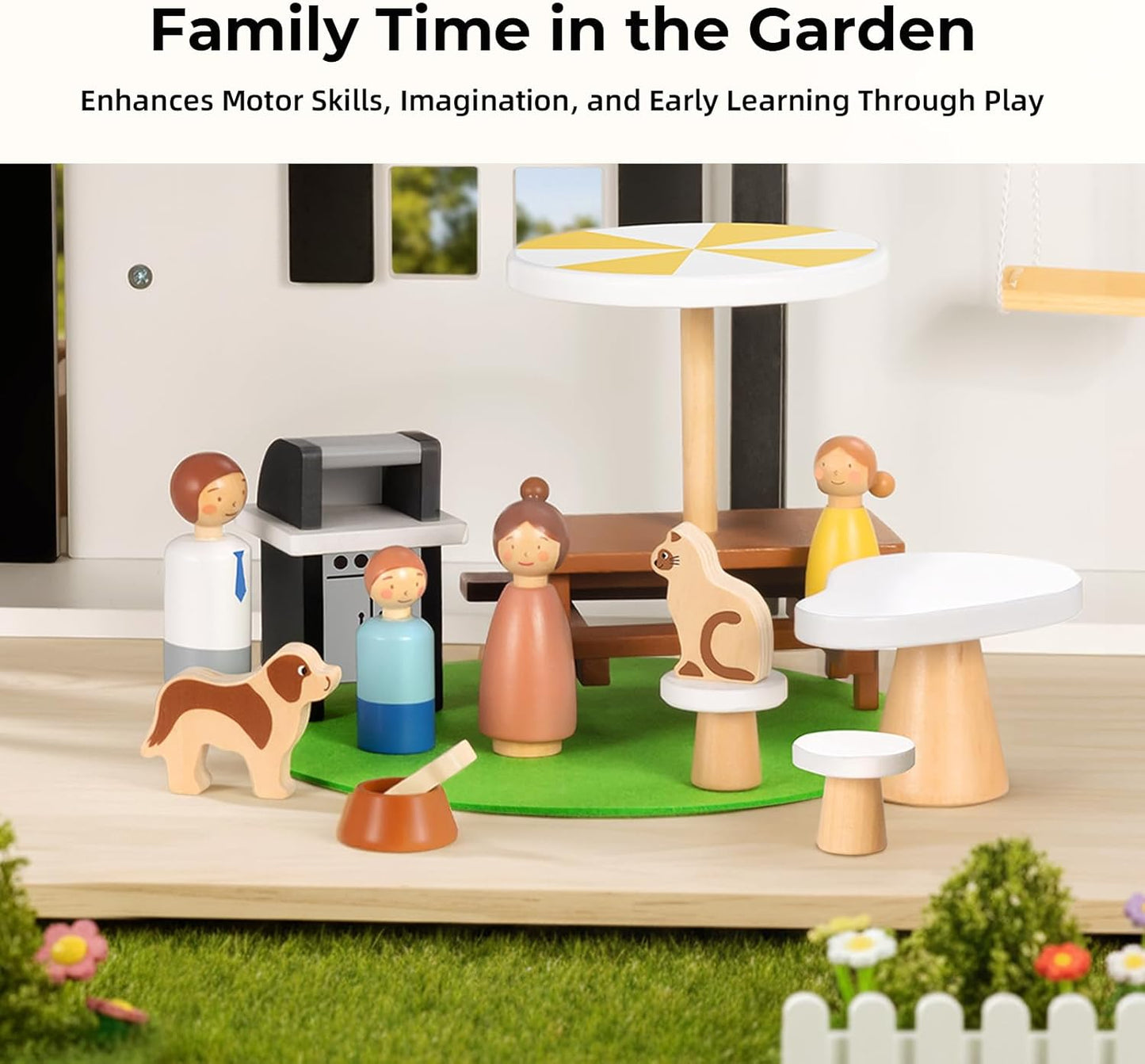 Wooden Dollhouse, Modern Doll House with 66Pcs Luxurious Furniture Accessories, Including Dolls and Pet Sets, Wood Dollhouse Toy for Boys and Girls 3+