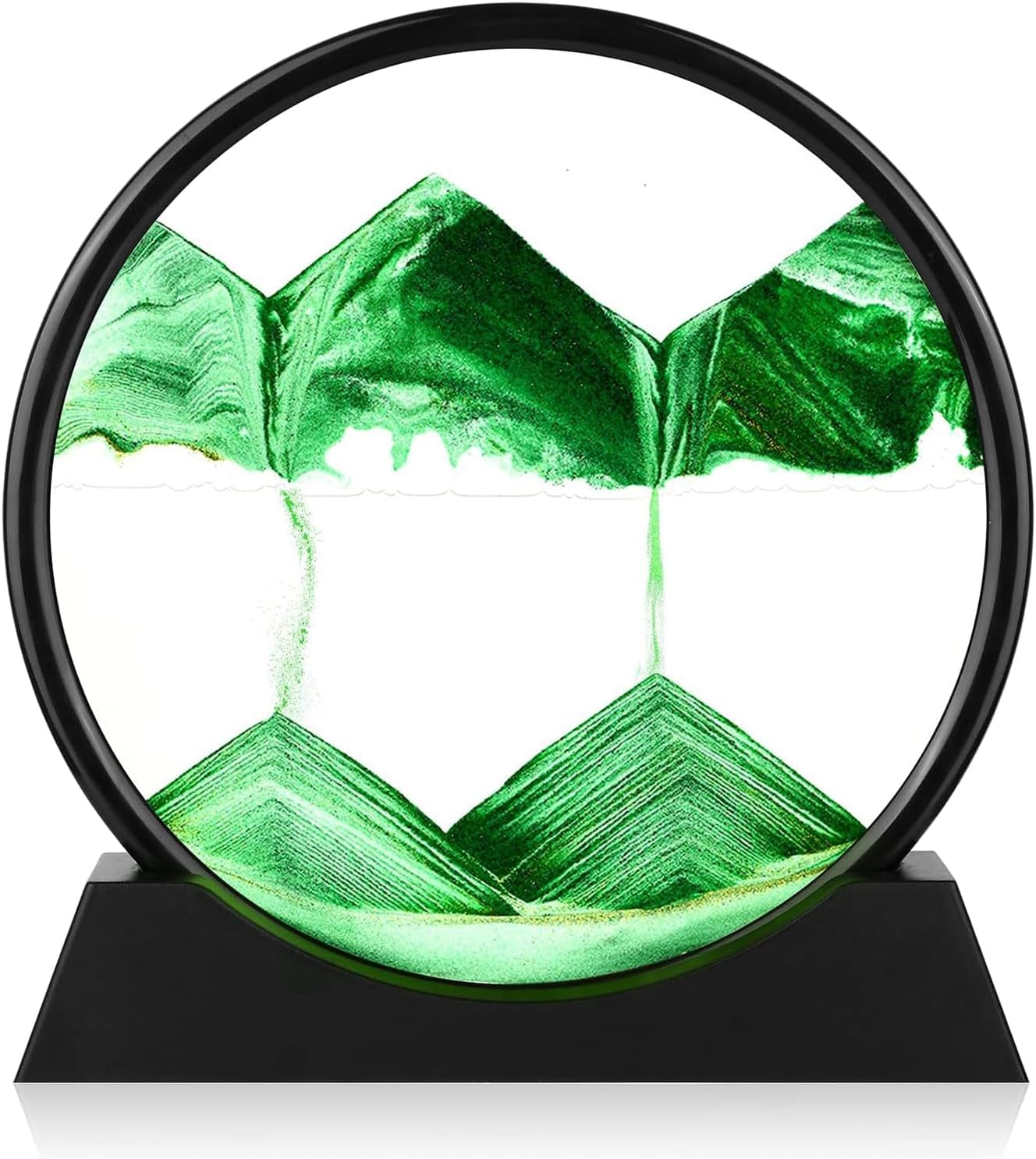 Moving Sand Art Picture - round Glass 3D Deep Sea Sandscape - 3D Quicksand Painting Decor - Relaxing Home Decoration Desk Figurine for Office, Home, Desk, Mantle, Bookshelf - (Green, 7 In)