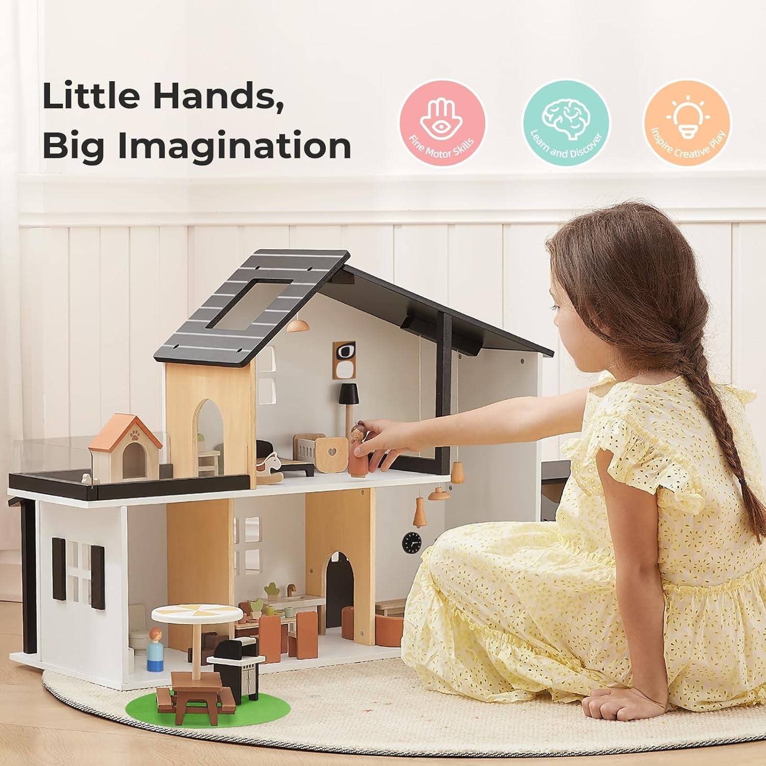 Wooden Dollhouse, Modern Doll House with 66Pcs Luxurious Furniture Accessories, Including Dolls and Pet Sets, Wood Dollhouse Toy for Boys and Girls 3+
