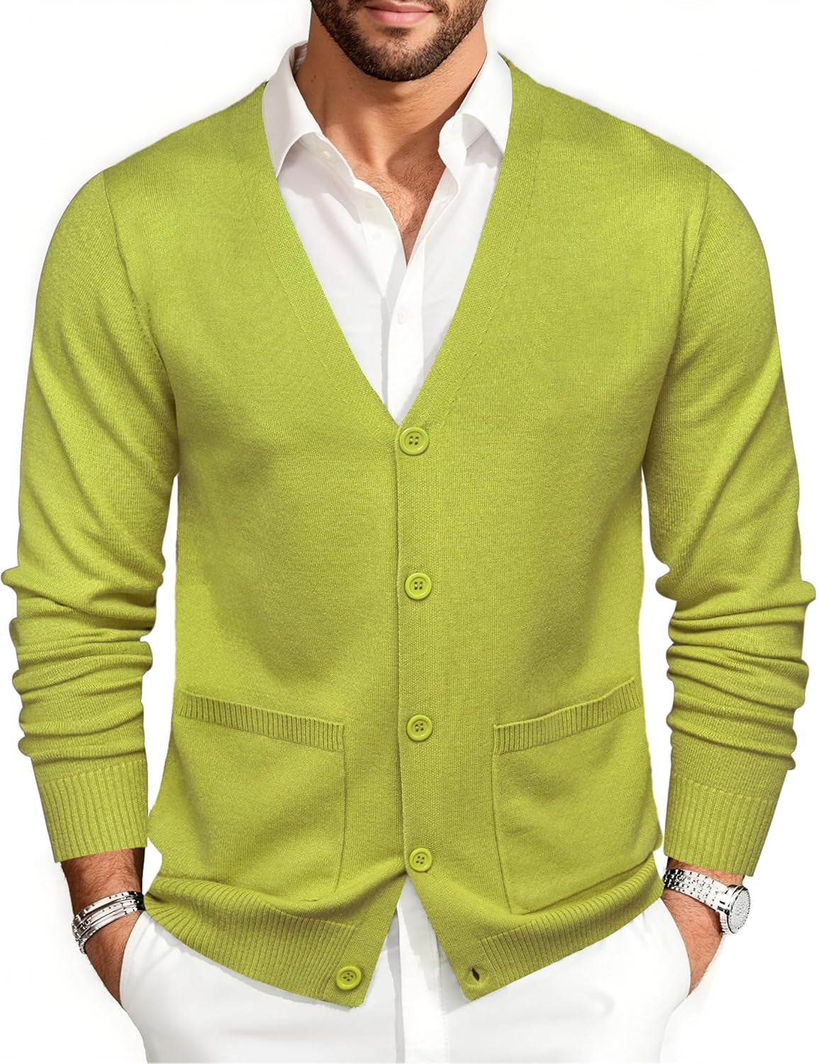 Mens Cardigan Sweater Long Sleeve Casual V Neck Solid Knitwear Cardigans with Pockets Business Weekend