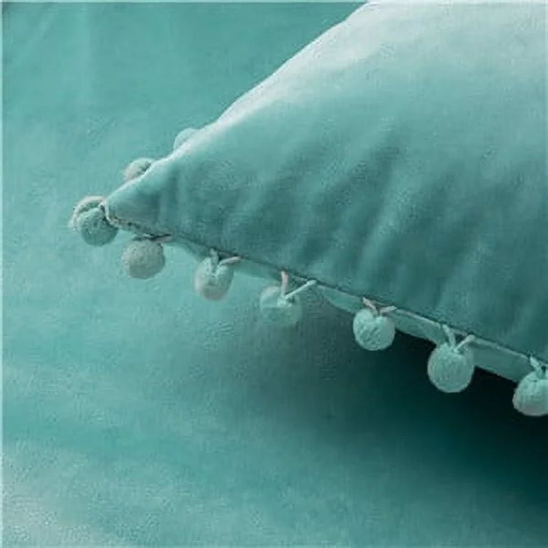 Velvet Series Pom Pom Square Decorative Throw Pillow, 20" X 20", Turquoise, 1 Pack
