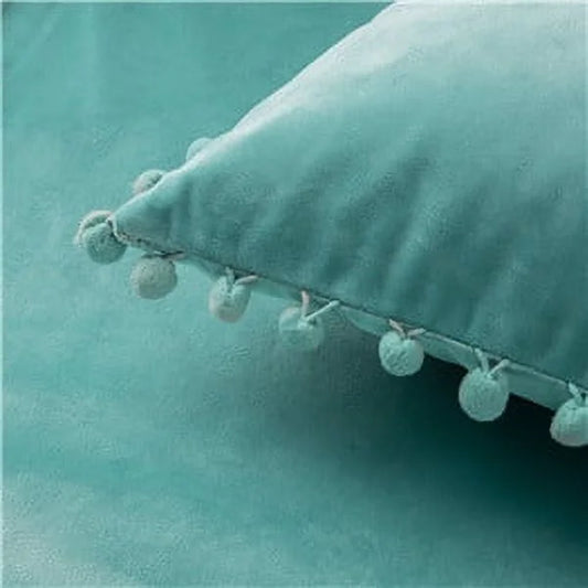 Velvet Series Pom Pom Square Decorative Throw Pillow, 20" X 20", Turquoise, 1 Pack