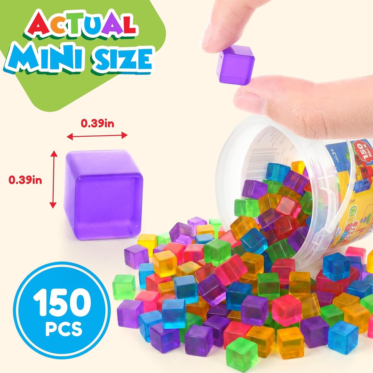 Mini Sticky Stacking Cubes for Kids: 150 PCS Washable Sensory Building Toy, Soft Squishy 0.39 Inch Cubes with Storage Box, Balanced Stickiness for 2D & 3D Building, Translucent Travel Toy