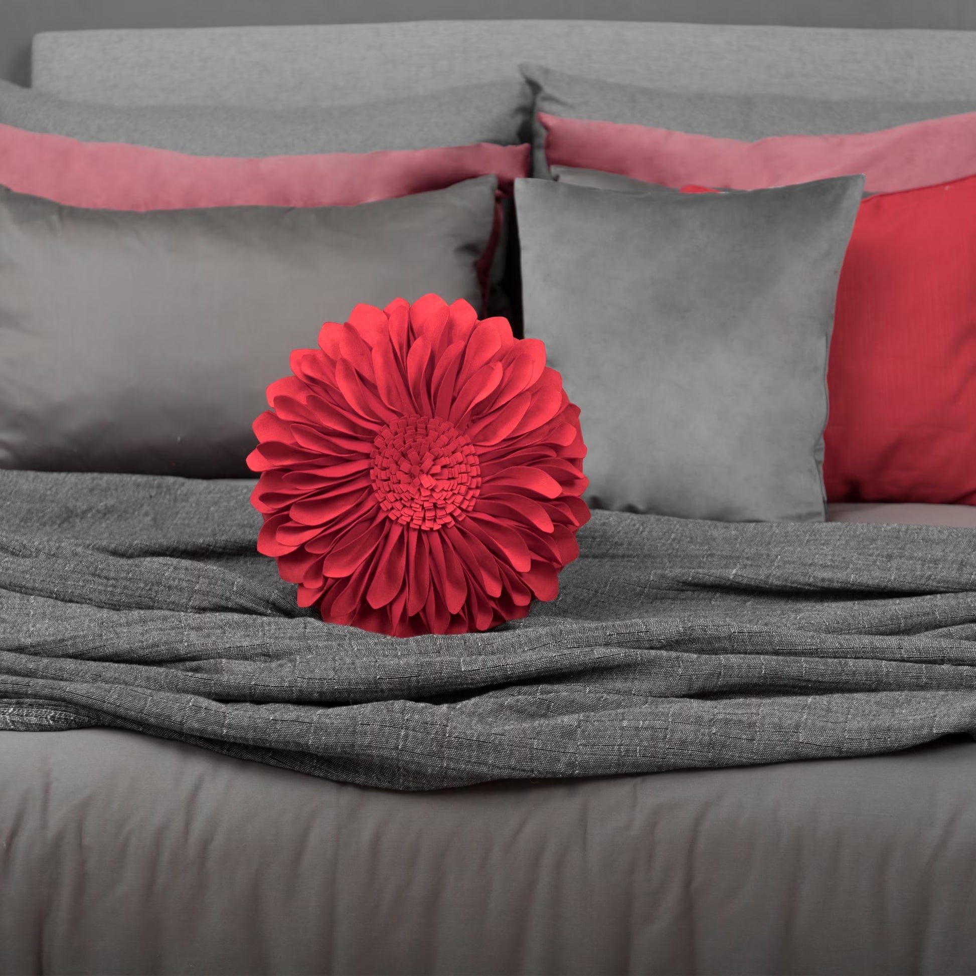 Decorative round Suede Flower Throw Pillows with Insert for Bed Sofa 14 Inch Orange Red