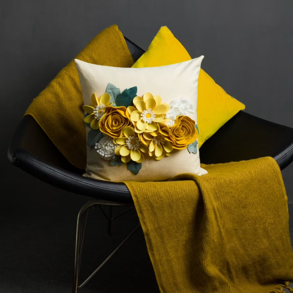 3D Handmade Yellow Decorative Flower Accent Throw Pillow Covers in Square 18X18 Inch