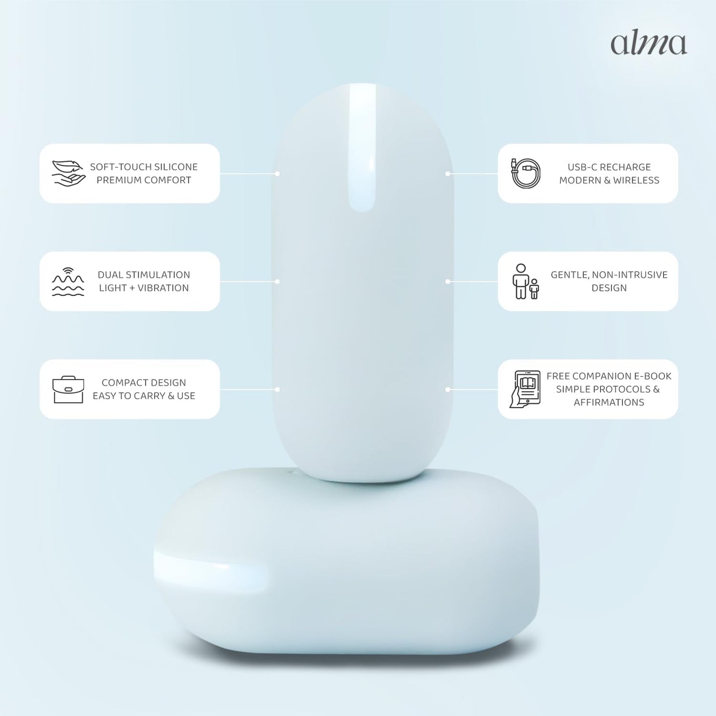 EMDR Tappers by Alma – Bilateral Stimulation Devices & EMDR Equipment | for Therapists & Self-Emdr at Home · IPX7 Waterproof · Soft Silicone · EMDR Ebook + Protocol · up to 3H Battery · Wireless